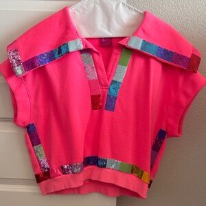 QUEEN OF SPARKLES Pink Crop Top with Colorful Sequin Accents